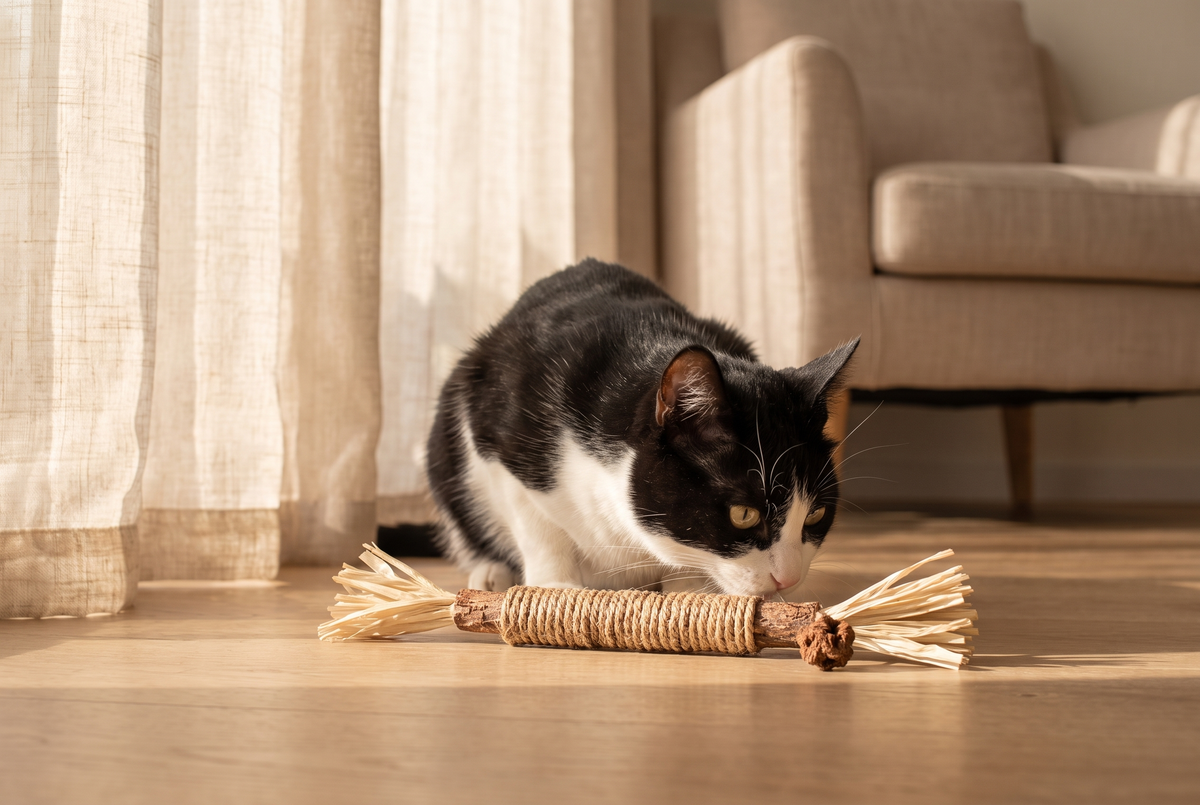 Tuxedo cat sniffing a MellowPaw silvervine chew stick on a sunlit wood floor