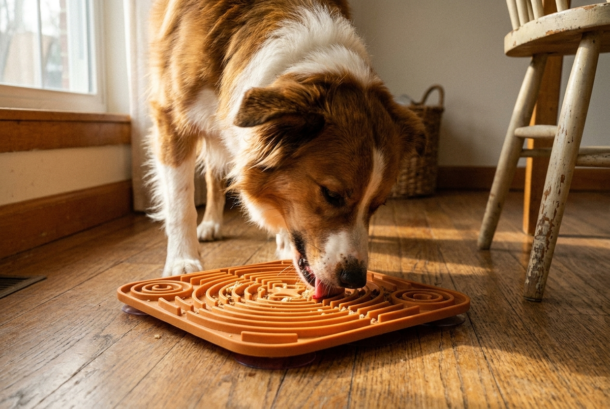Dog at a food bowl — why dogs inhale their food and the easy fix