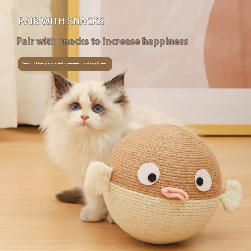 Fluffy white kitten with blue eyes sitting beside a round fish-shaped cat toy on wooden floor