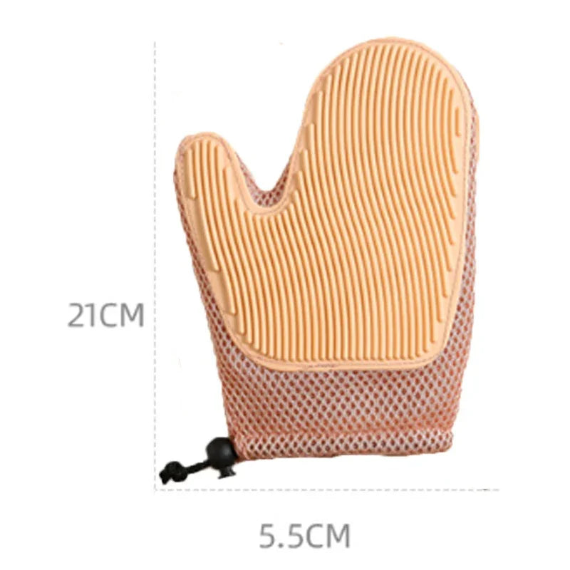 Pet grooming glove with textured surface, mesh fabric, 21cm by 5.5cm size measurements