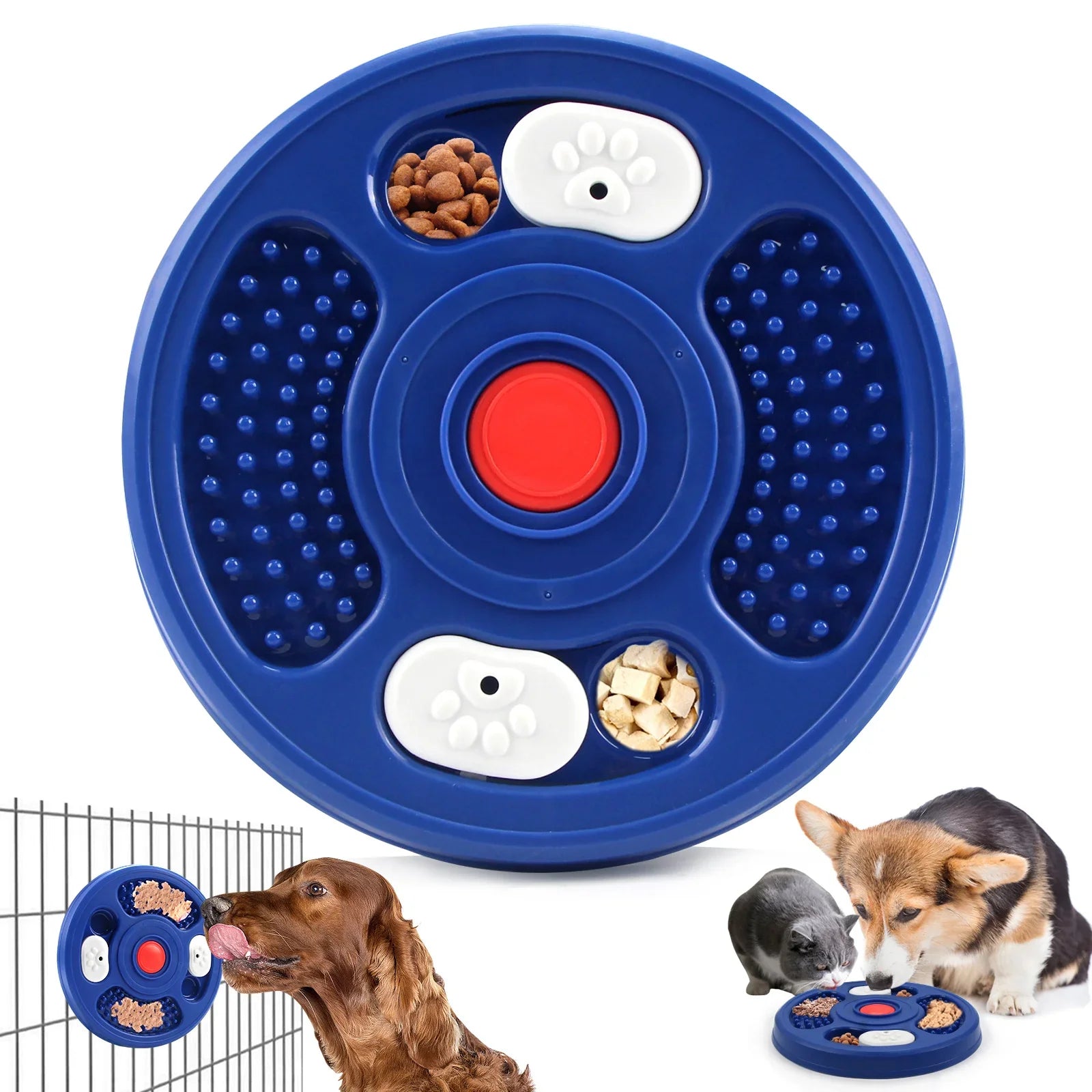 Blue interactive pet treat puzzle toy for dogs and small animals with compartments for snacks