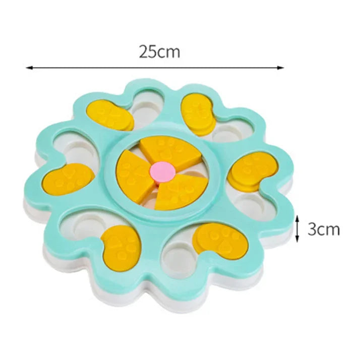 Round blue and yellow dog puzzle toy, 25cm diameter, 3cm height, interactive pet feeder