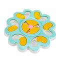 Colorful flower-shaped pet puzzle toy with yellow sliding panels and paw print details