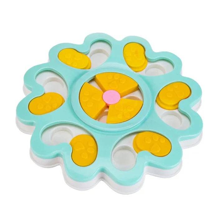 Colorful flower-shaped pet puzzle toy with yellow sliding panels and paw print details
