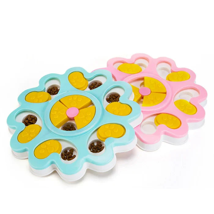 Blue and pink interactive pet puzzle toys with hidden treats in paw-shaped trays