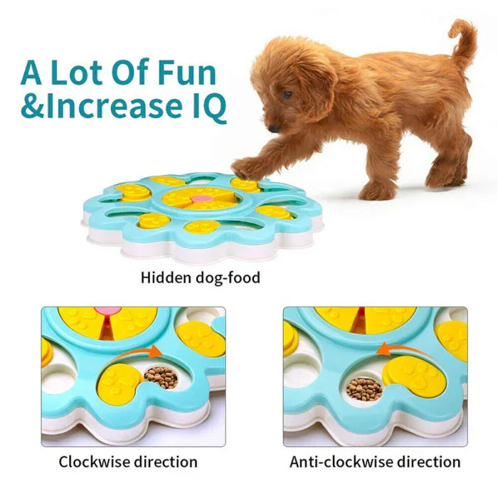 Small brown puppy playing with a blue and yellow interactive dog puzzle toy for treats