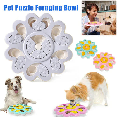 Interactive pet puzzle foraging bowl toy with paw design, dogs playing and eating.