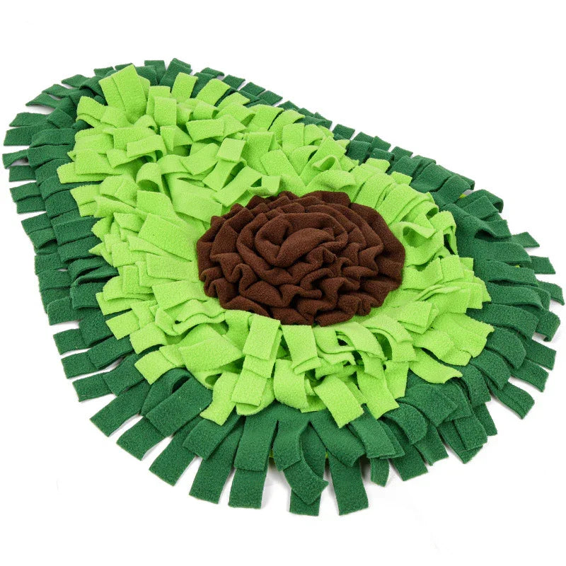 Avocado shaped snuffle mat made of green and brown fleece strips for pets