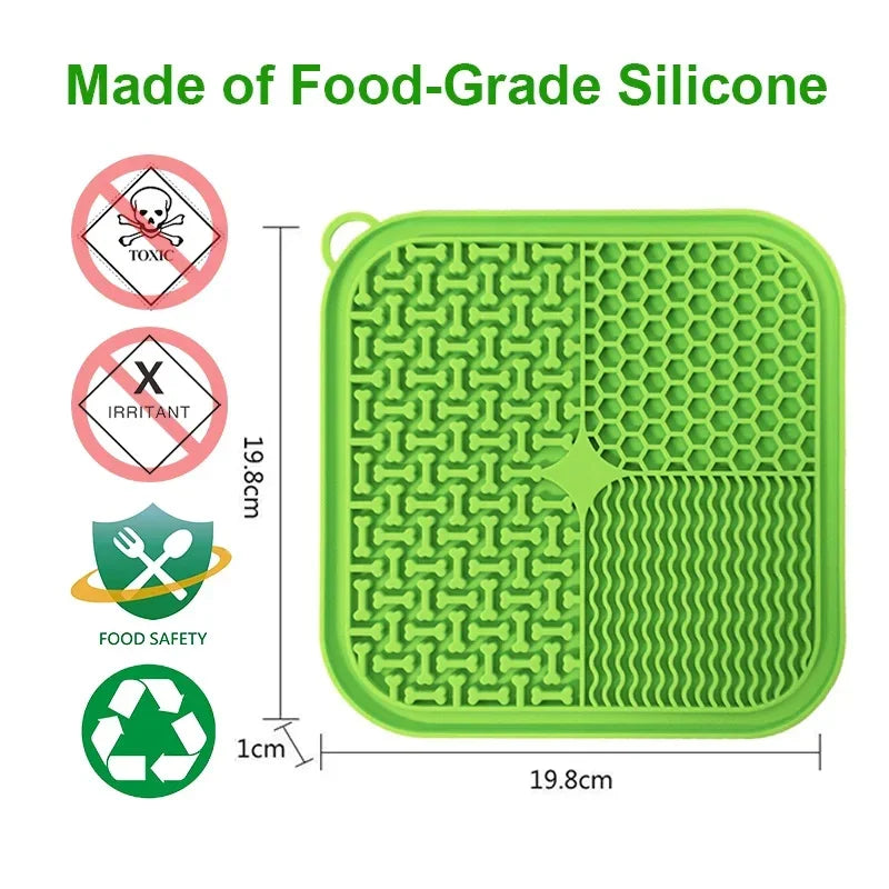 Green food-grade silicone pet lick mat with textured surface, non-toxic, 19.8cm square.