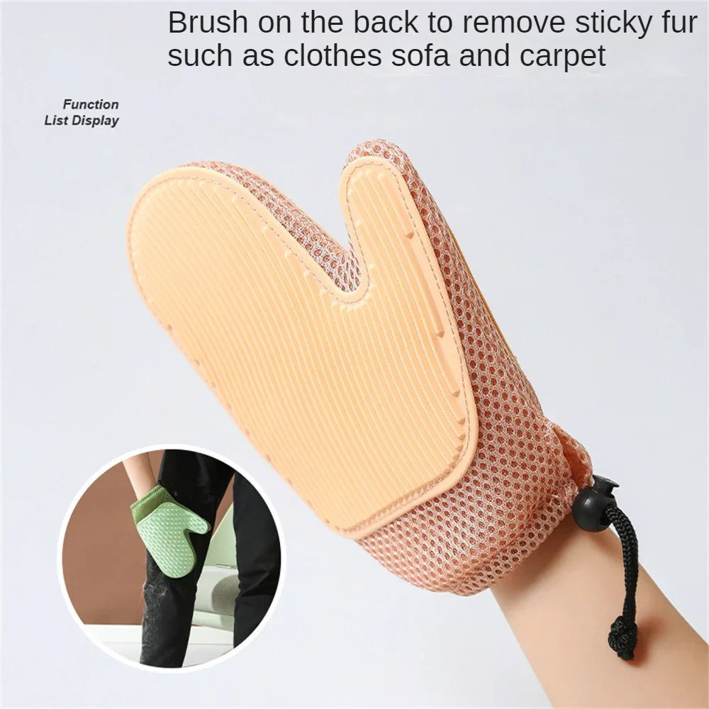 Pet grooming glove with textured surface for removing fur from clothes, sofa, and carpet