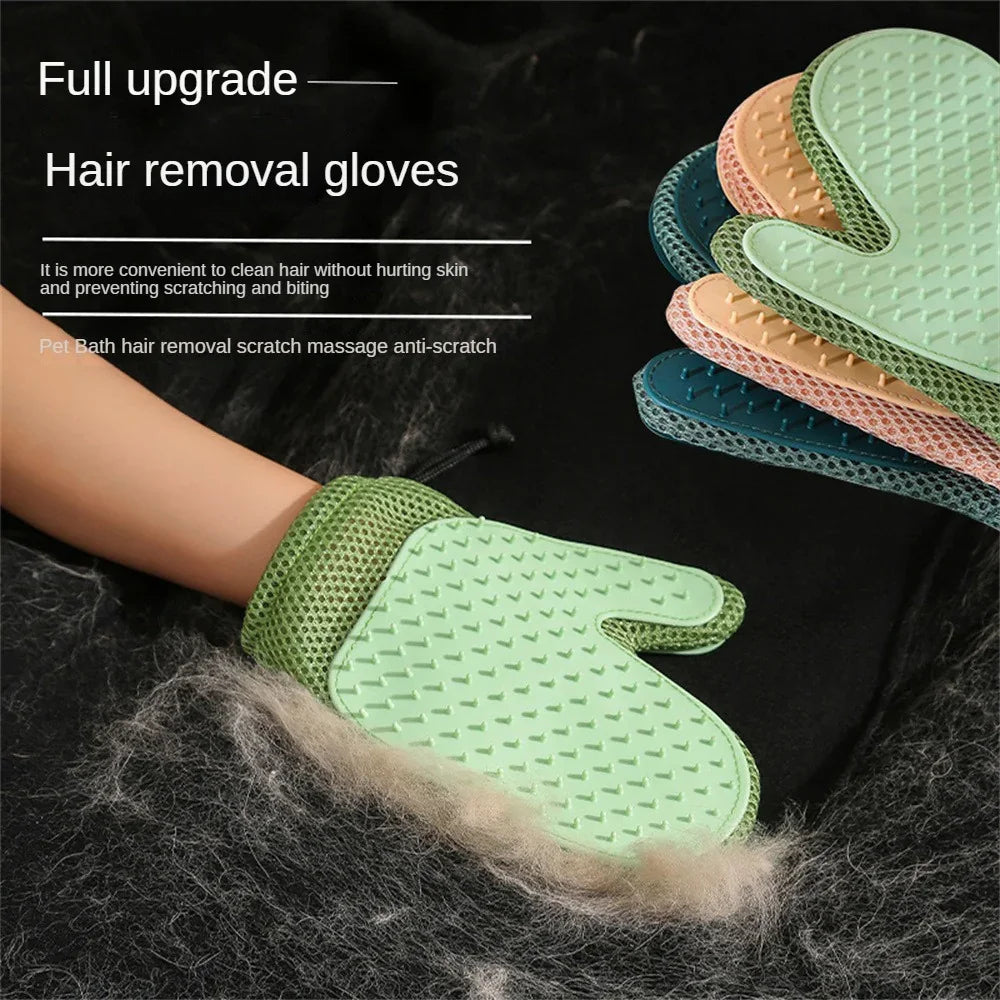 Assorted silicone pet hair removal gloves shown removing fur on a dark surface