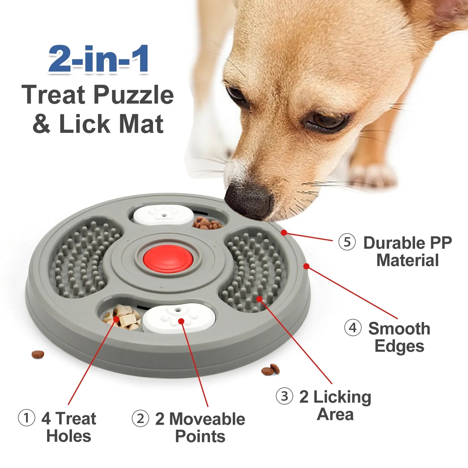 Dog using a grey 2-in-1 treat puzzle and lick mat with treat holes and textured surface.