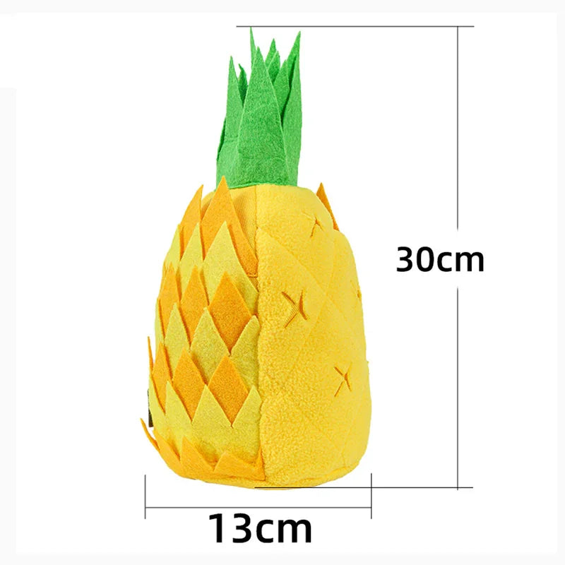 Plush pineapple toy measuring 30cm tall and 13cm wide with green top and yellow body.
