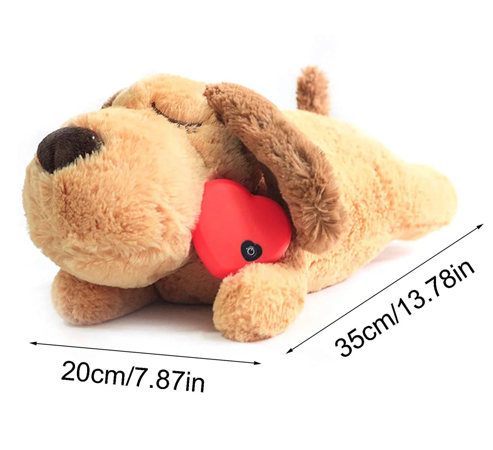 Plush brown dog toy with red heart, measuring 35cm by 20cm, lying on its side.