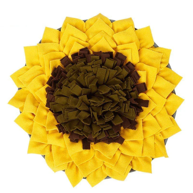 Yellow and brown sunflower-shaped pet snuffle mat with layered fabric petals