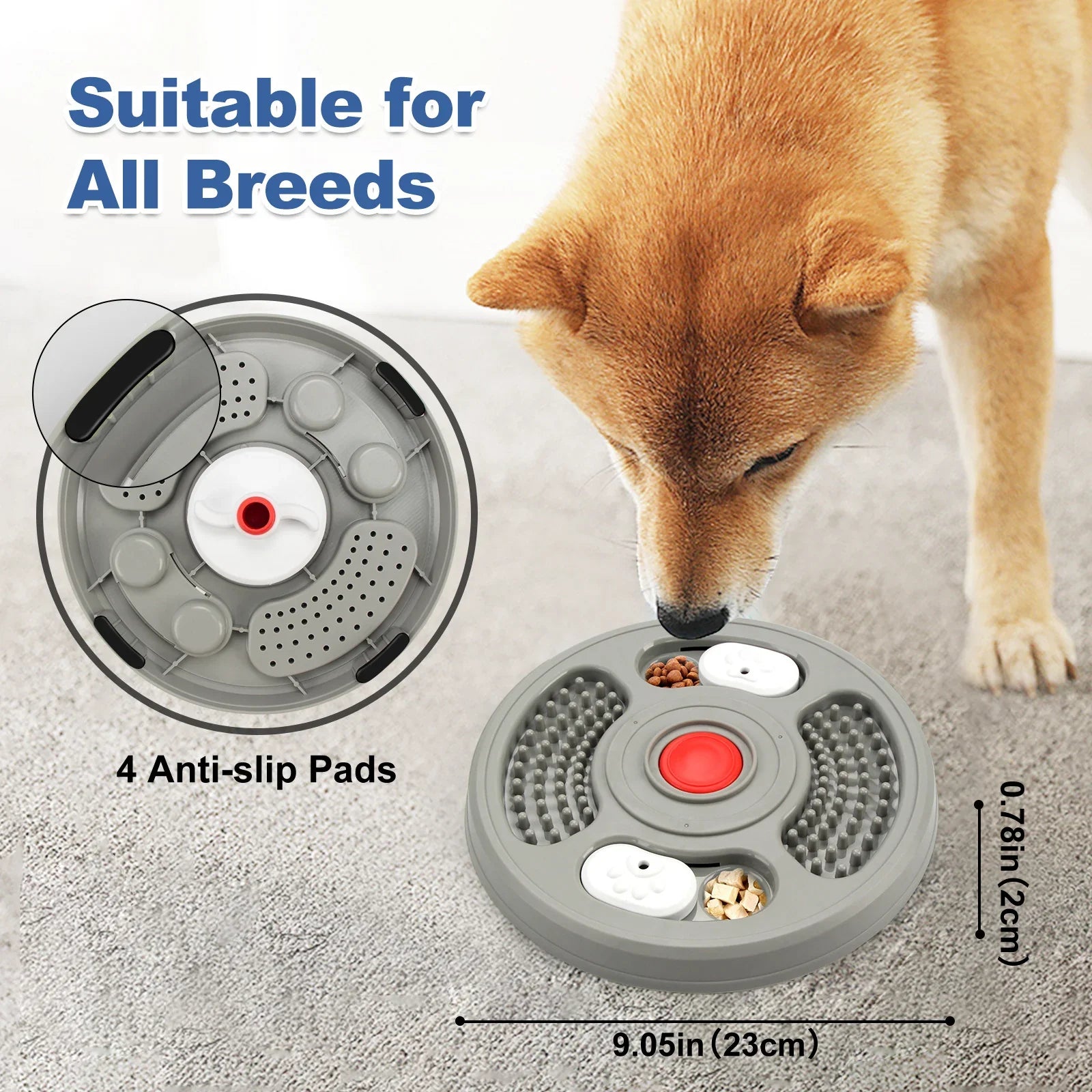 Dog using interactive treat puzzle toy with anti-slip pads, suitable for all breeds