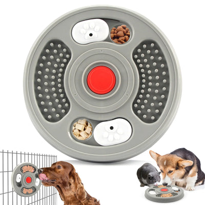 Round interactive dog puzzle feeder with treat compartments, dogs and small pet playing