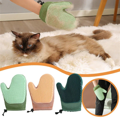 Cat grooming glove mitt brushing fluffy cat, three colors shown, pet hair remover tool.
