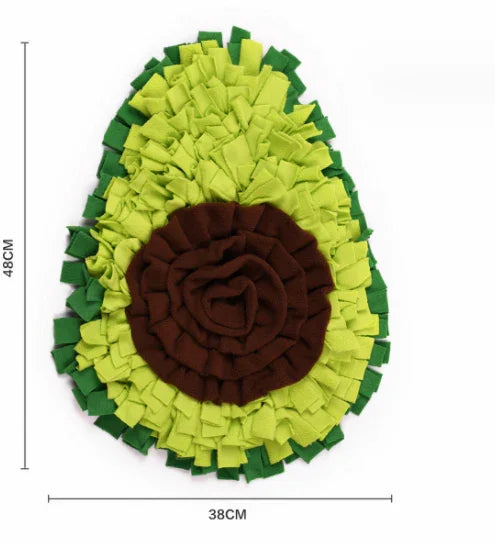 Avocado-shaped pet snuffle mat with green and brown fabric, 48x38cm, enrichment toy.