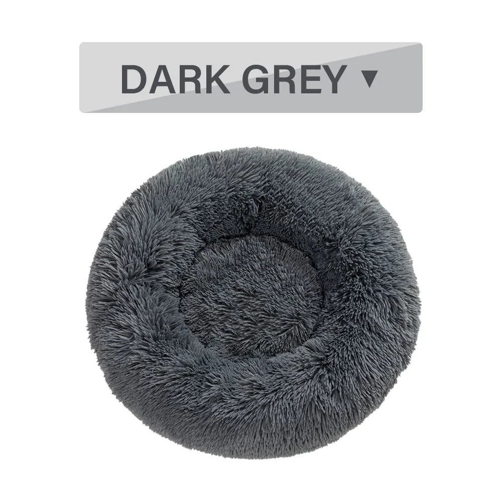 Dark grey round fluffy pet bed with soft plush material, top view