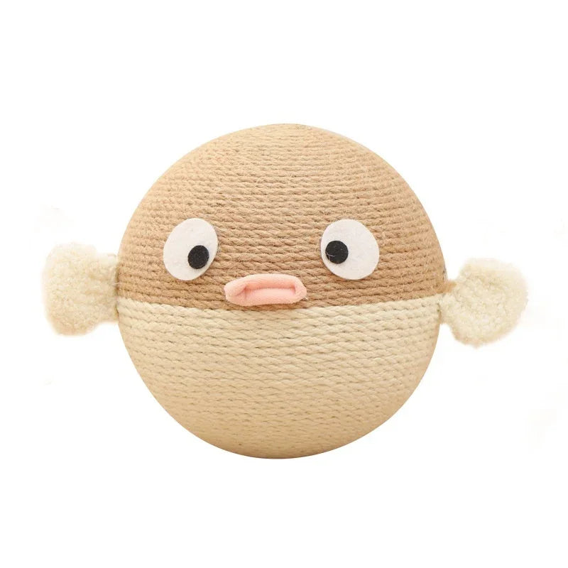 Cute round cat scratcher ball toy with pufferfish design, beige rope and plush fins