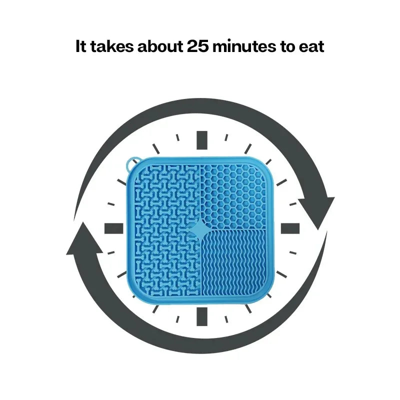 Blue slow feeder lick mat for pets with textured surface, timer graphic, text reads 'It takes about 25 minutes to eat'.