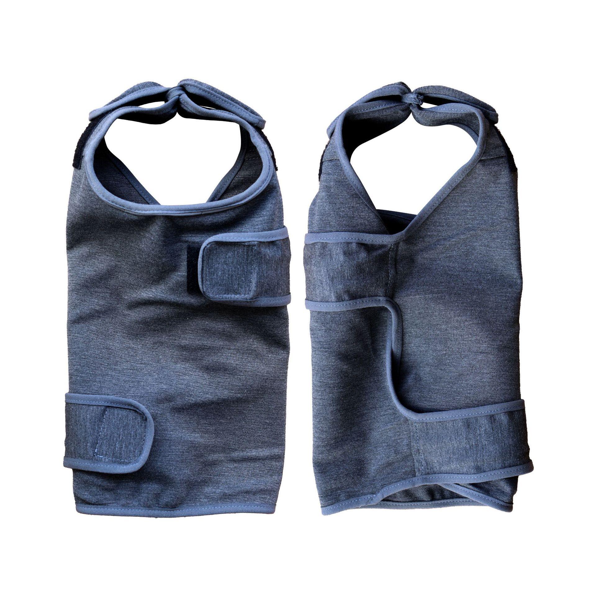 Two blue adjustable pet vests with Velcro closures on a white background