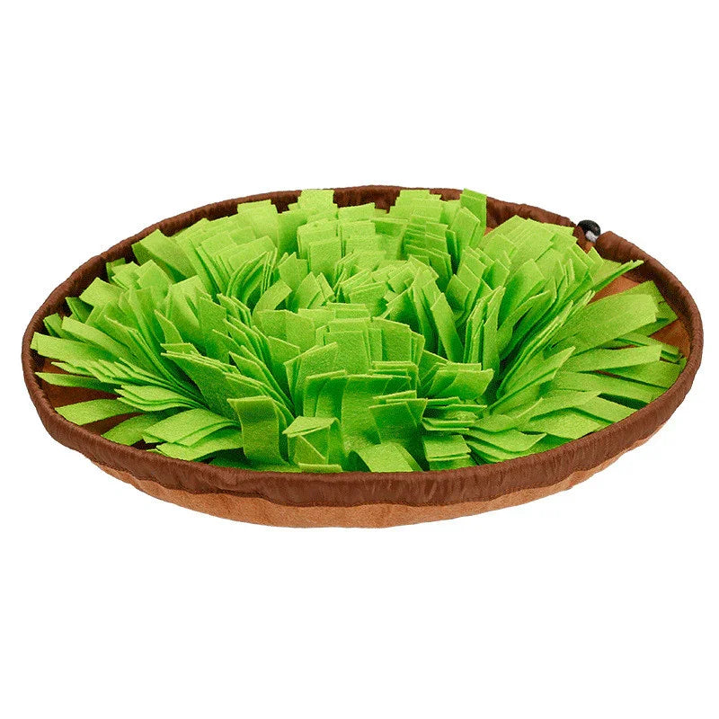 Round green snuffle mat for pets with brown border, interactive feeding toy