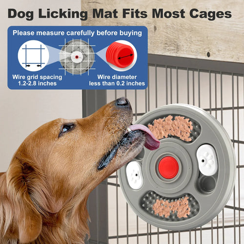 Dog licking round slow feeder mat attached to cage, interactive pet enrichment toy