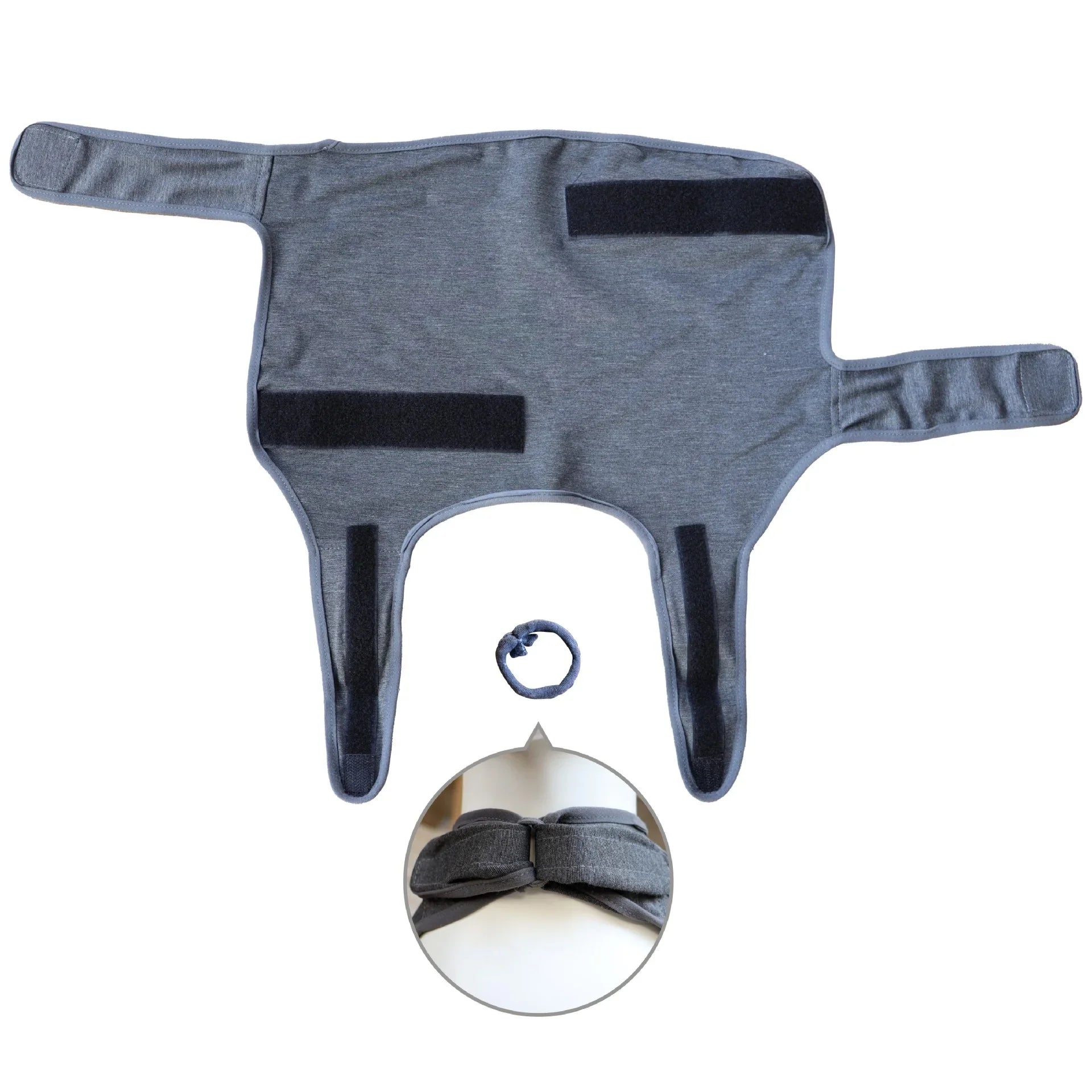Gray adjustable dog anxiety wrap with velcro straps and neck detail inset