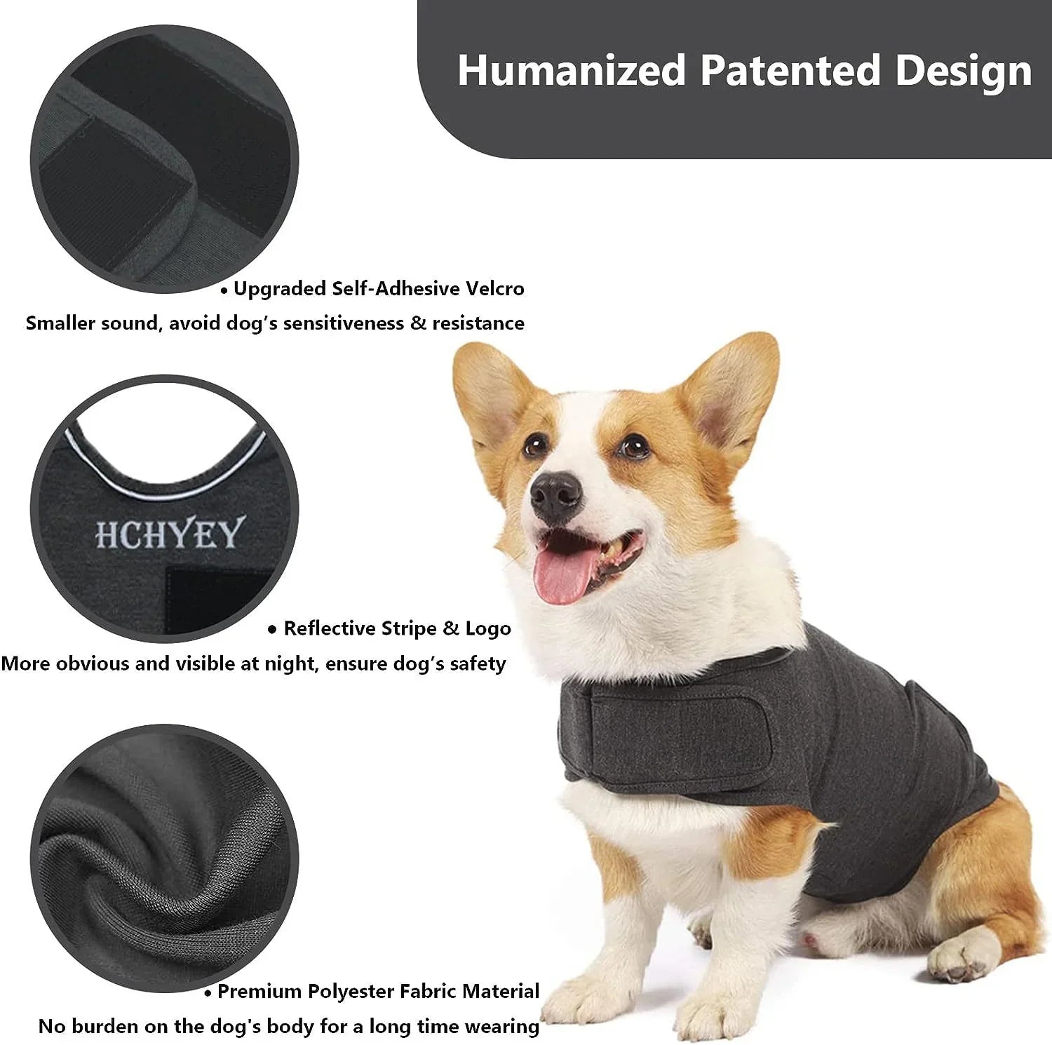 Corgi dog wearing black vest harness with Velcro and reflective stripes for safety