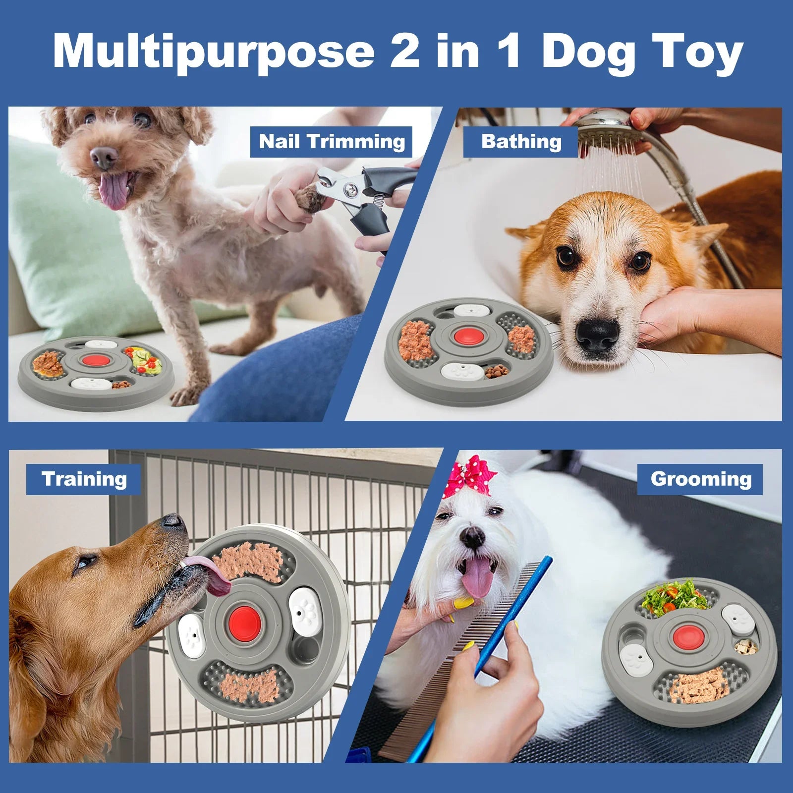 Multipurpose 2 in 1 interactive dog toy used during nail trimming, bathing, training, and grooming.