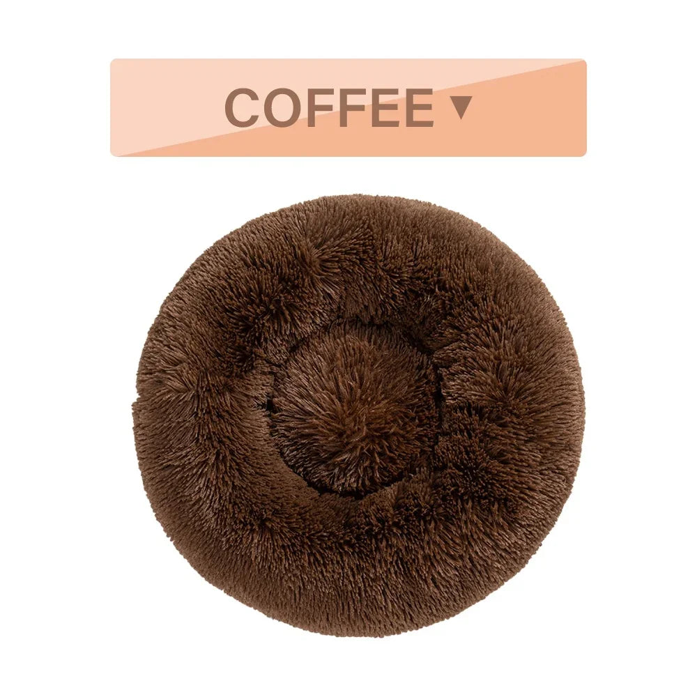 Round coffee brown plush pet bed with fluffy texture, top view