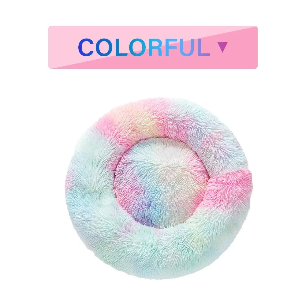 Round pastel rainbow fluffy pet bed with soft plush texture on white background, labeled 'colorful'.