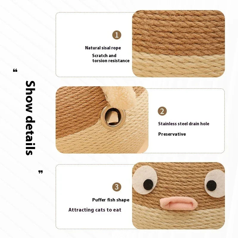 Close-up details of a cat toy made from natural sisal rope, puffer fish design, and stainless steel drain hole.