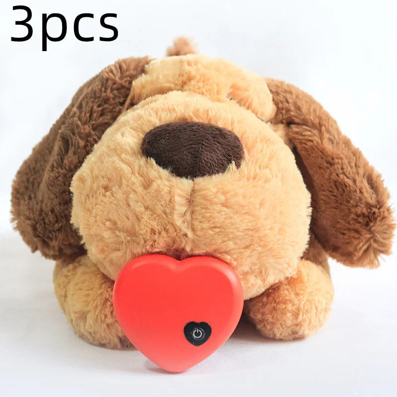Plush brown dog toy holding red heart-shaped object, soft stuffed animal, 3 pieces set
