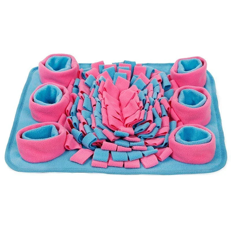 Colorful pet snuffle mat with blue and pink fleece, interactive dog puzzle toy