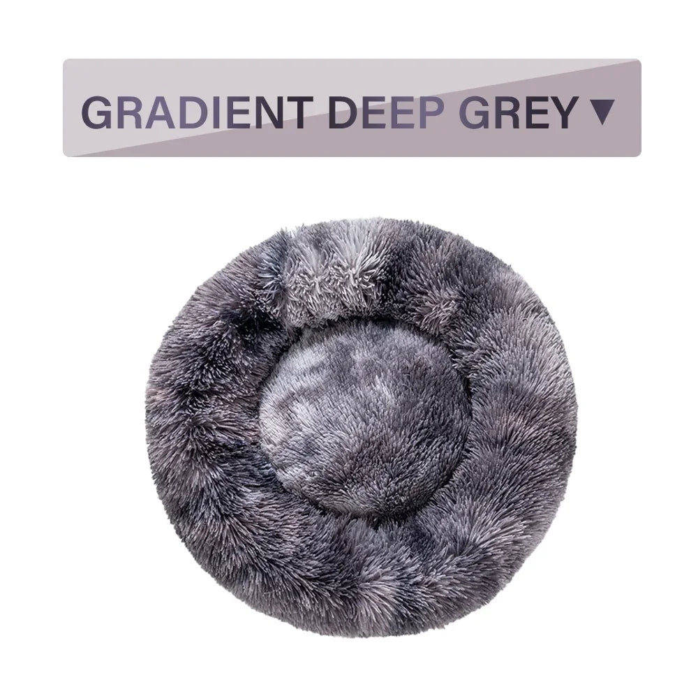 Round fluffy pet bed in gradient deep grey color on white background