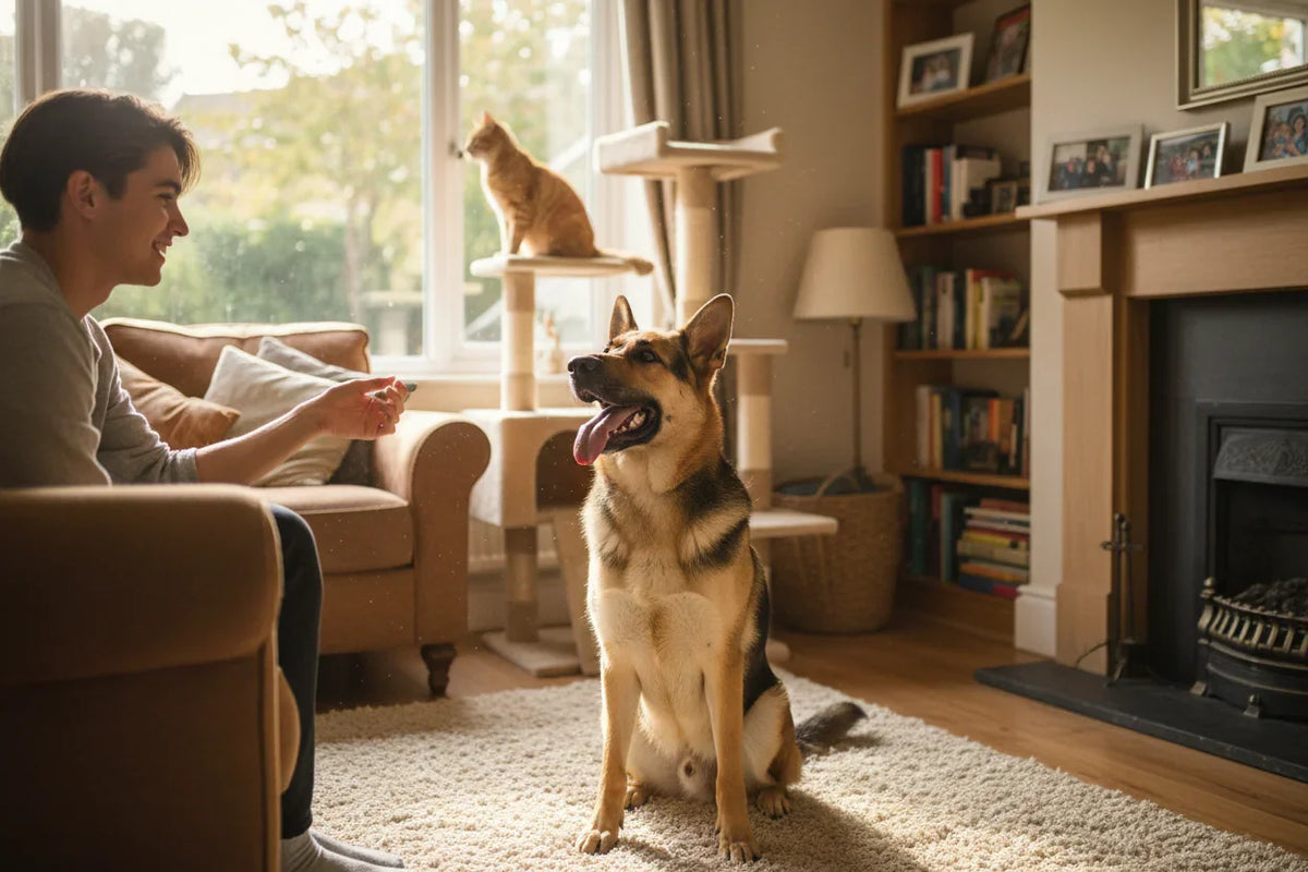 German shepherd dog sitting indoors, looking at person on couch, cat by window