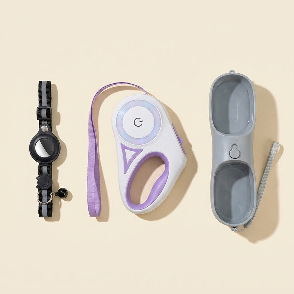 Travel Ready Kit — reflective collar, retractable leash, and travel water bottle