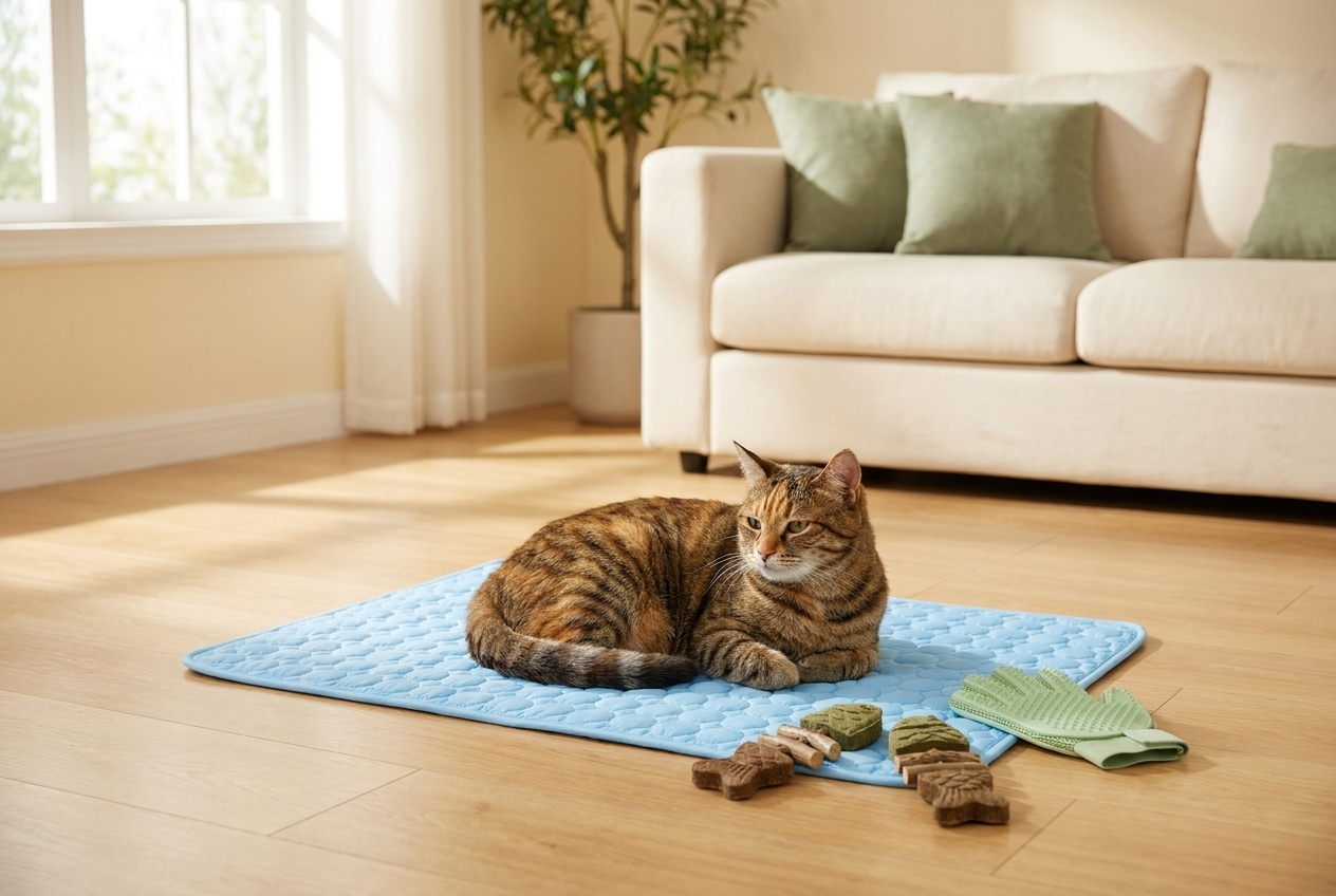 Cat relaxing on the Cat Comfort Kit cooling mat with catnip chews and grooming glove