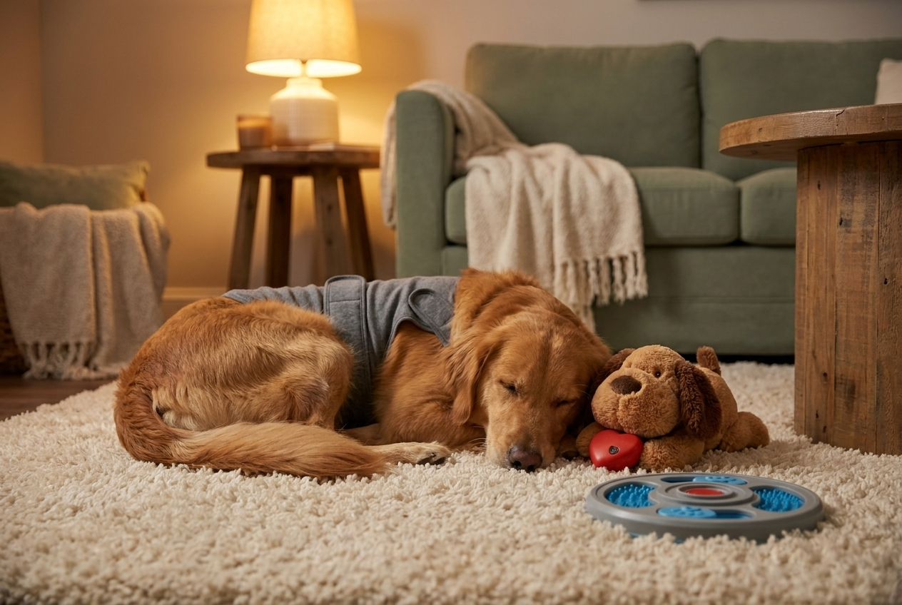 Dog wearing the calming vest curled up with the heartbeat plush at night