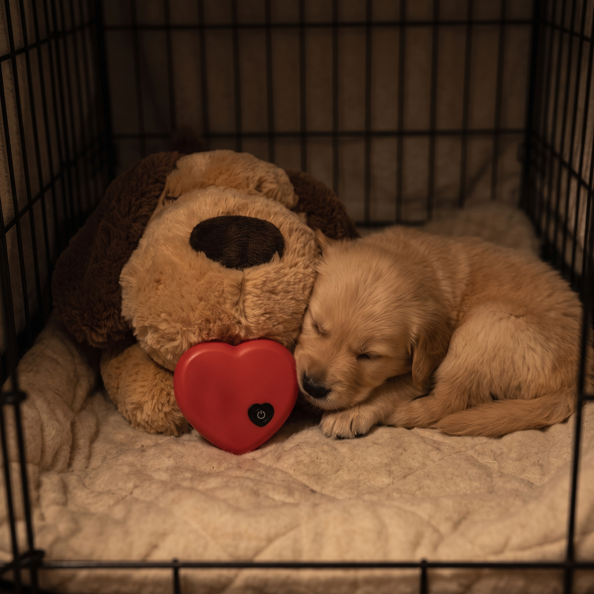 Puppy asleep against Heartbeat Plush in crate at night
