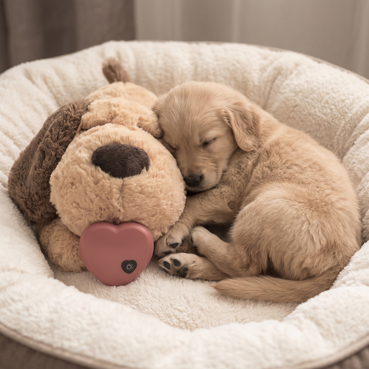 Puppy curled asleep with Heartbeat Plush