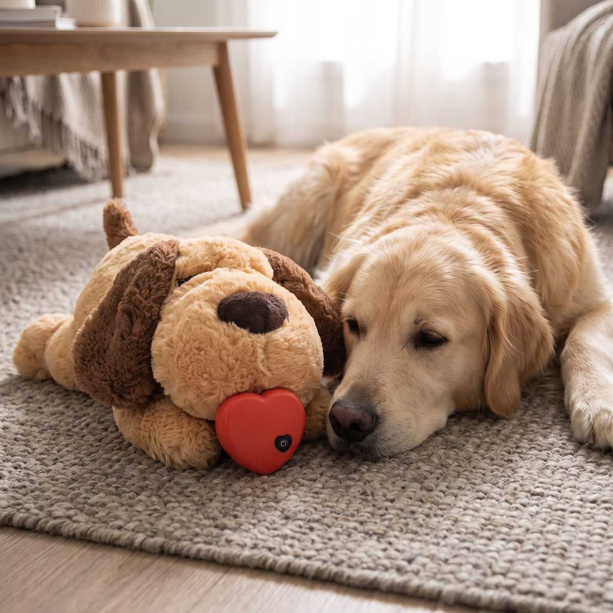 Adult dog resting beside Heartbeat Plush