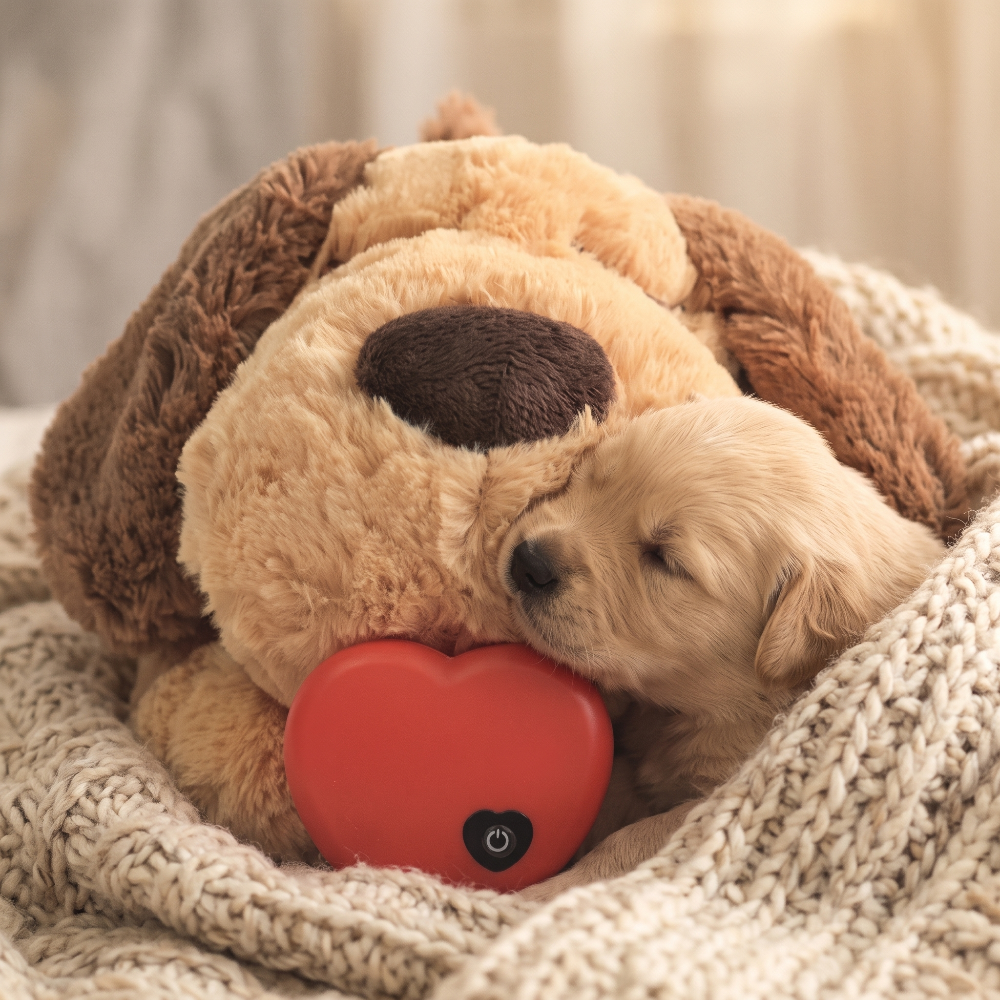 Puppy snuggled into the Heartbeat Plush