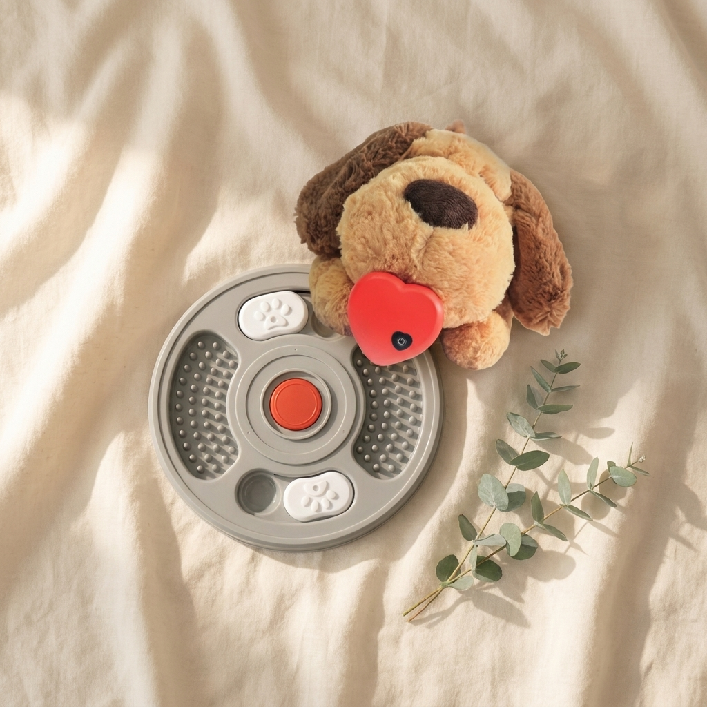 MellowPaw First Nights Kit — heartbeat plush and 2-in-1 lick mat flat-lay on cream linen