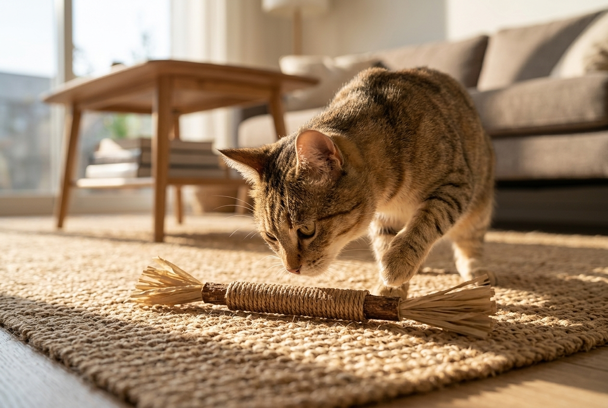A tabby cat cautiously sniffing a silvervine chew stick on a rug