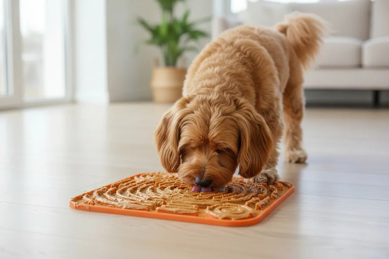 Fluffy dog licking peanut butter from an orange lick mat on a clean living room floor